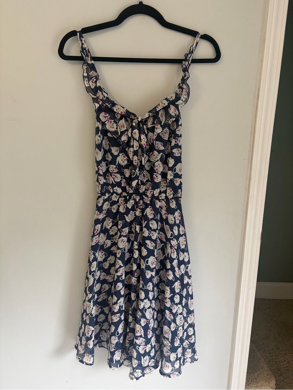 Disney x L.Conrad Floral Teacup/Teapot Navy Sundress with Ruffle Straps size L